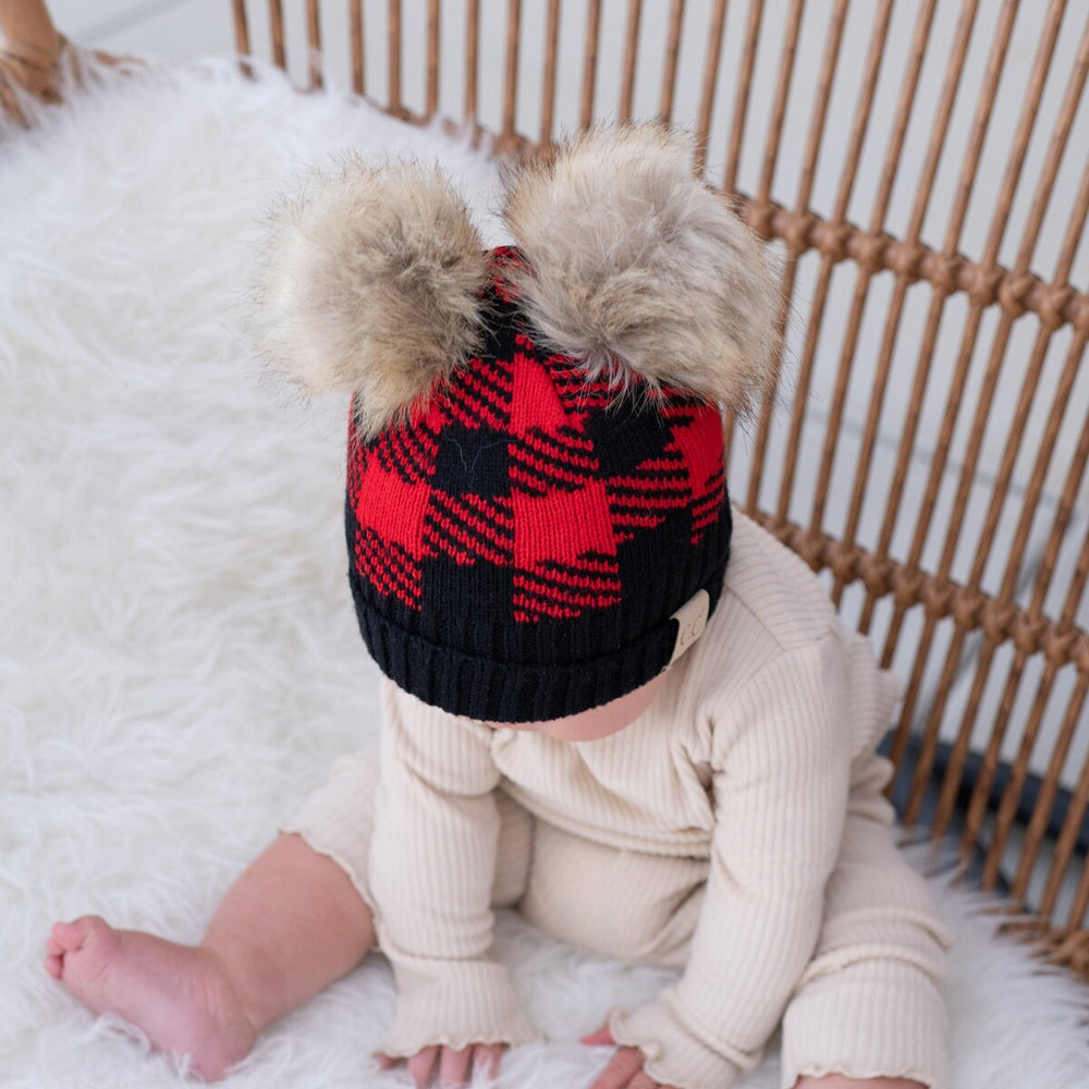 CC Baby or Kids Size Buffalo Plaid Double Pom Beanie