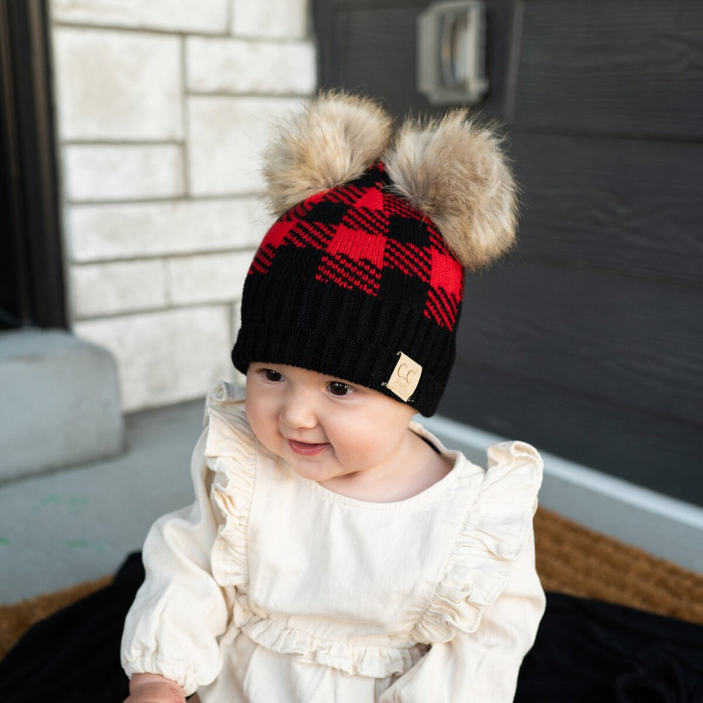 CC Baby or Kids Size Buffalo Plaid Double Pom Beanie