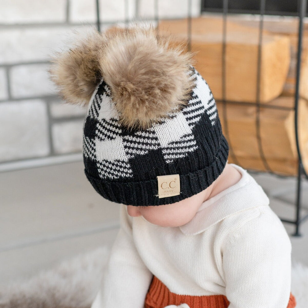 CC Baby or Kids Size Buffalo Plaid Double Pom Beanie