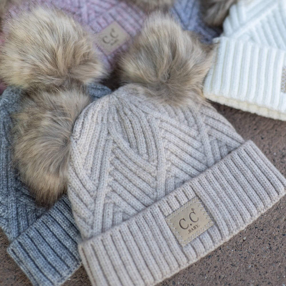 CC Baby Double Pom Criss-Cross Pattern Beanie