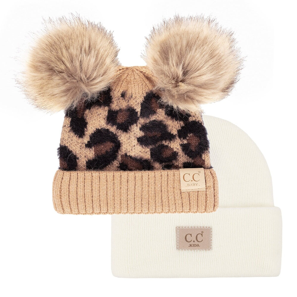 CC Beanie 2-Pack Baby & Kids - Ribbed & Double Pom Leopard, Unisex