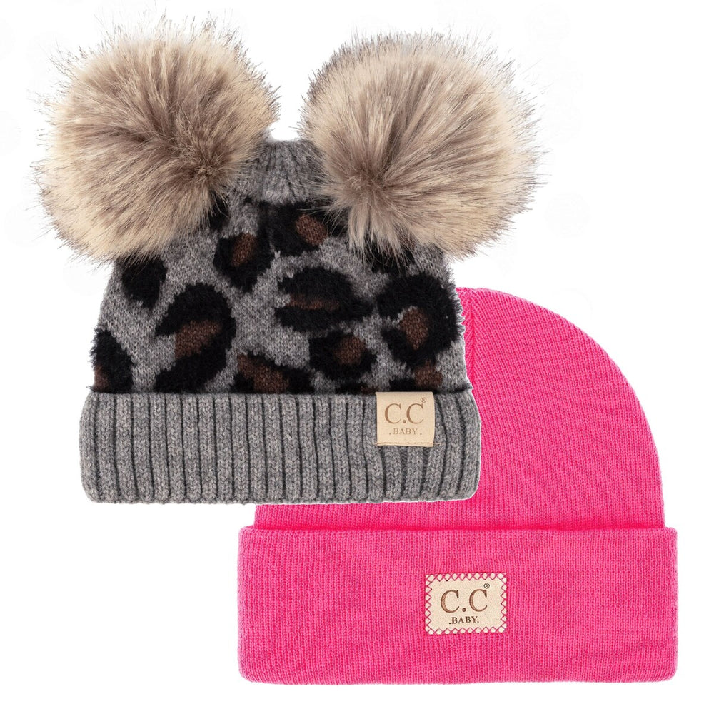 CC Beanie 2-Pack Baby & Kids - Ribbed & Double Pom Leopard, Unisex