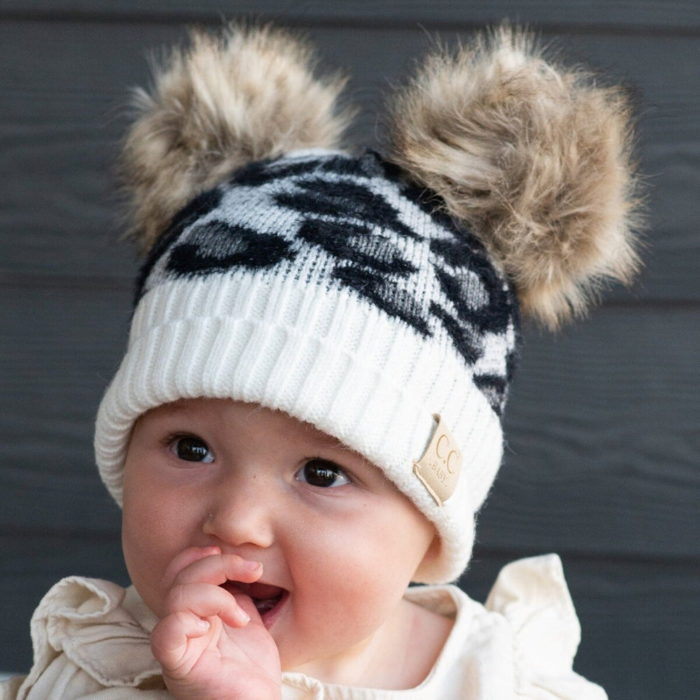 CC Double Pom Kid Leopard Beanie Winter Snow Fashion Hats