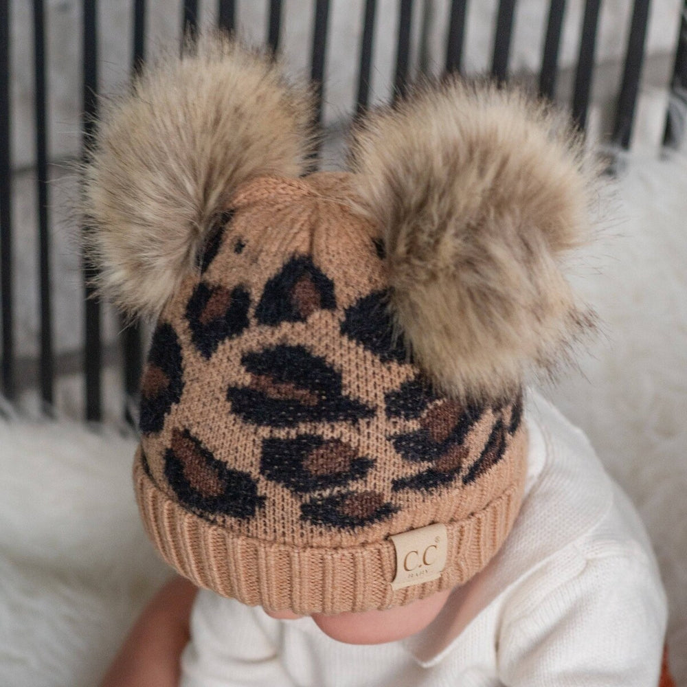 CC Double Pom Kid Leopard Beanie Winter Snow Fashion Hats