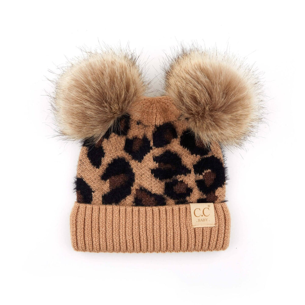 CC Double Pom Kid Leopard Beanie Winter Snow Fashion Hats