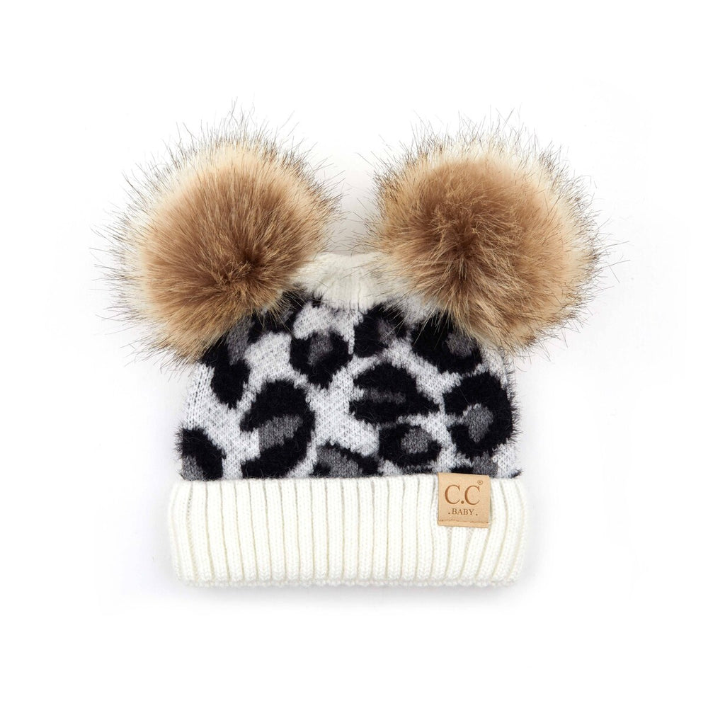 CC Double Pom Kid Leopard Beanie Winter Snow Fashion Hats