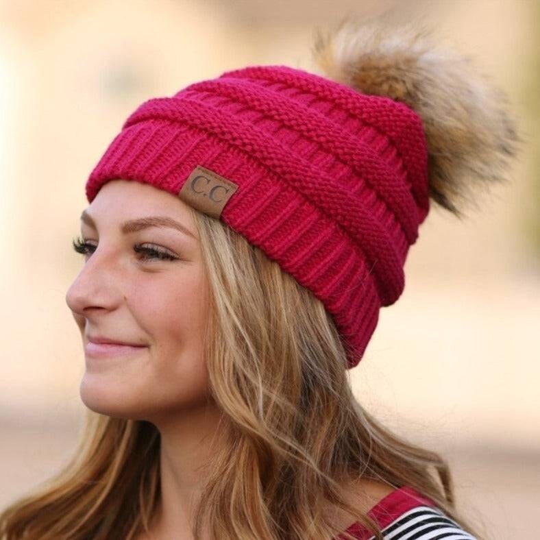 CC Brand Cable-Knit Cozy Faux Pom Women Teen Beanie Hats for Gifts