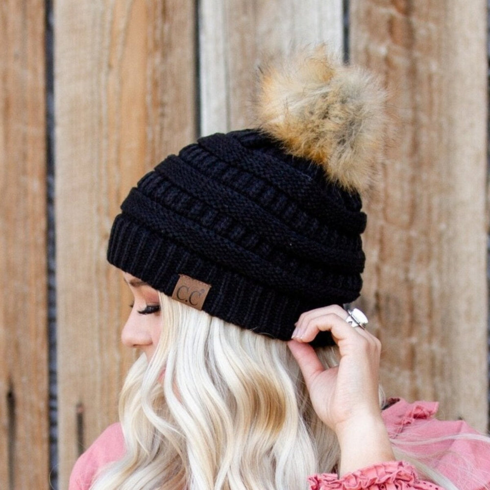 CC Brand Cable-Knit Cozy Faux Pom Women Teen Beanie Hats for Gifts