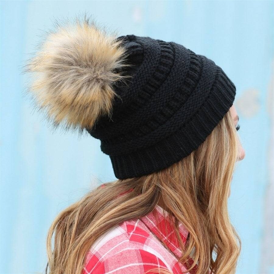 CC Brand Cable-Knit Cozy Faux Pom Women Teen Beanie Hats for Gifts