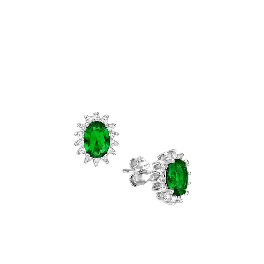 CZ Simulated Emerald Oval Halo Stud Earrings - 925 Sterling Silver - Ag Sterling