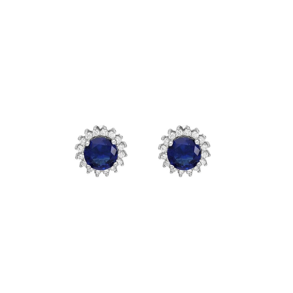 CZ Simulated Sapphire and Diamond Halo Stud Earrings - 925 Sterling Silver - Ag Sterling