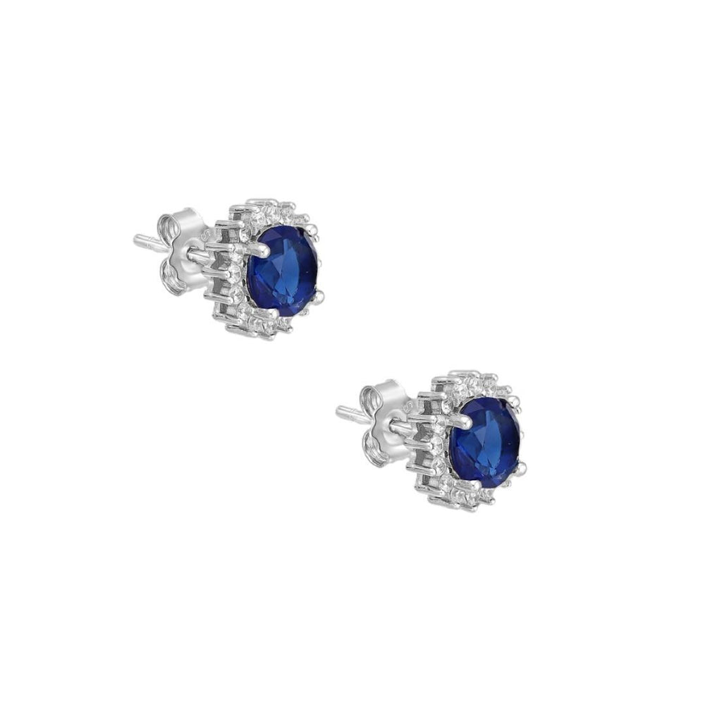 CZ Simulated Sapphire and Diamond Halo Stud Earrings - 925 Sterling Silver - Ag Sterling