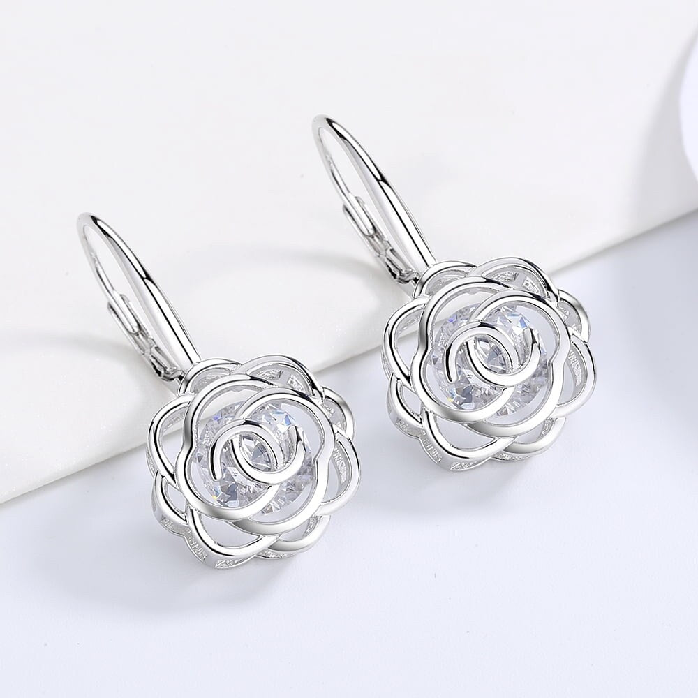 Caged Swarovski Crystal Rose Lever Back Earrings