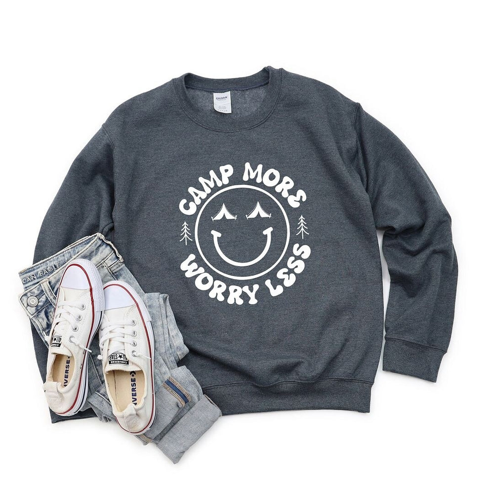 Camp More Worry Less Smiley Face Graphic Sweatshirt