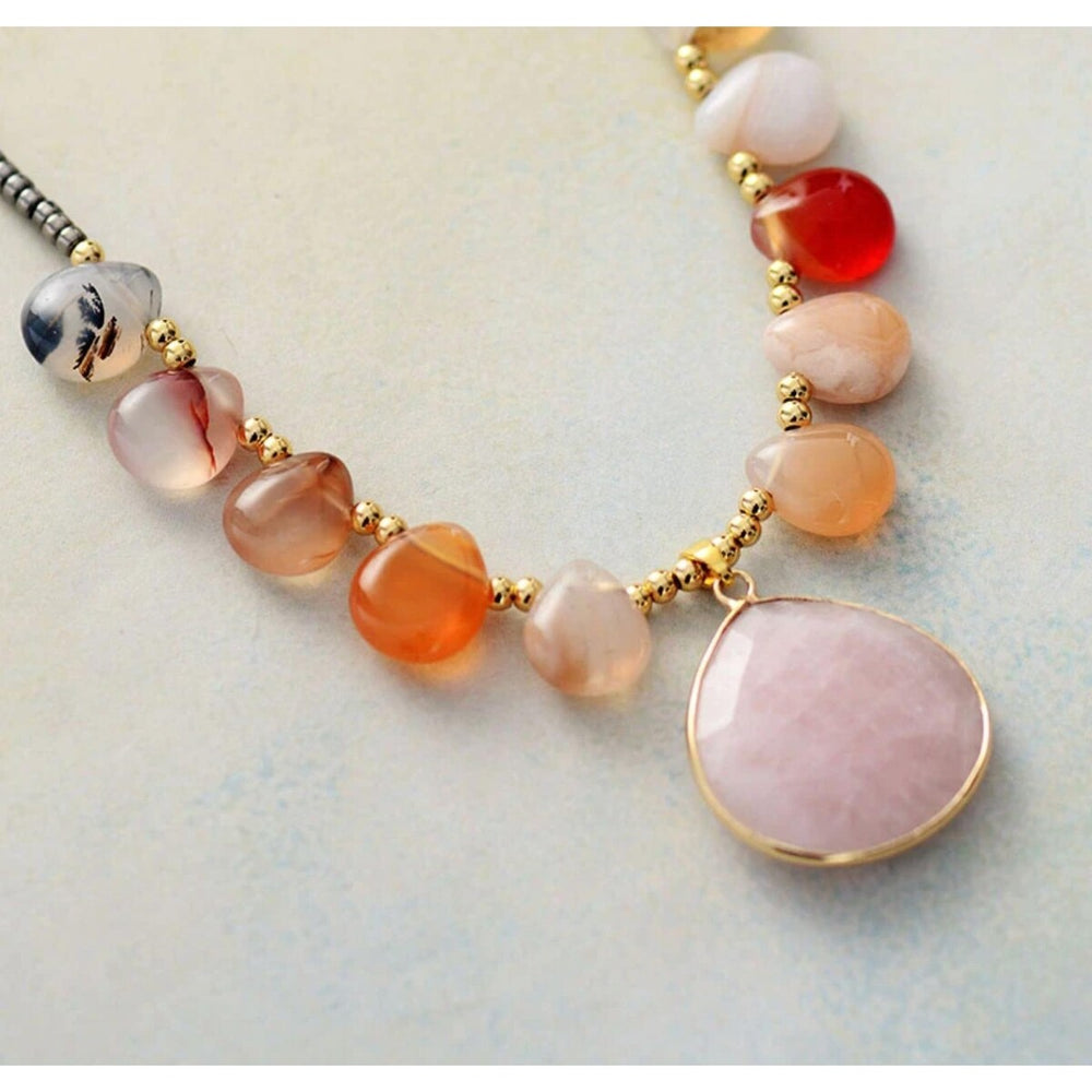 Carnelian & Rose Quartz Framed Teardrop Pendant Necklace - White