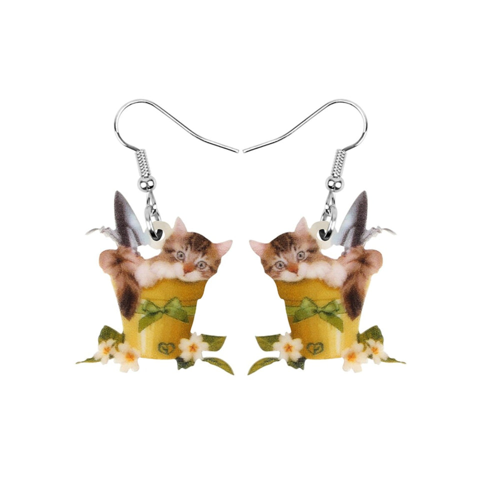 Cat In Gardening Basket Drop Earrings