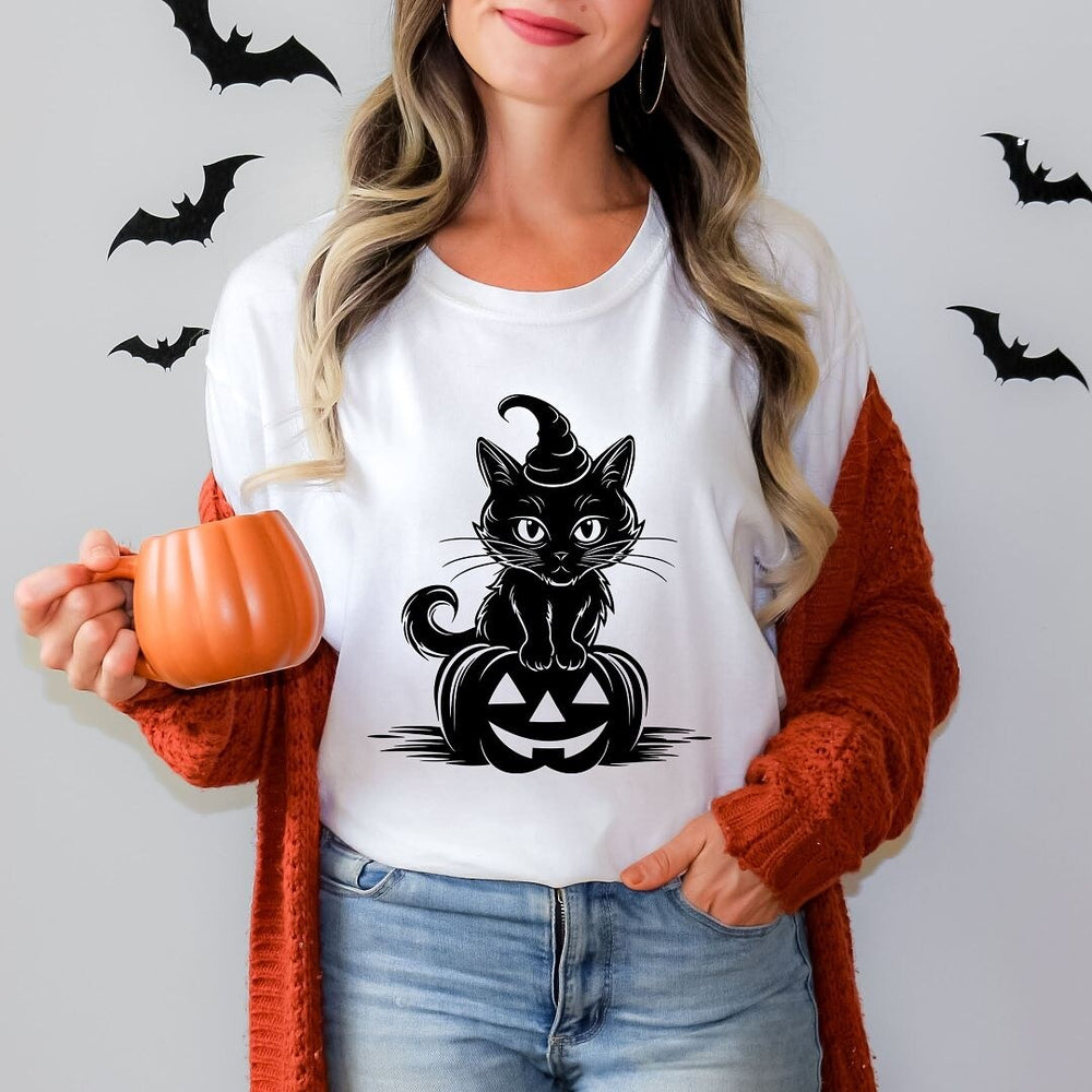 Cat Perched On A Pumpkin Short Sleeve Crewnneck Tee