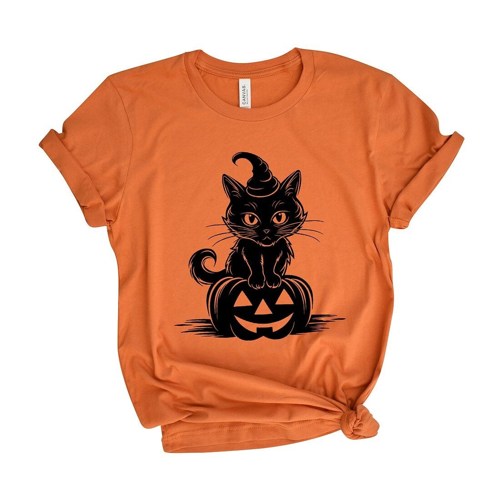 Cat Perched On A Pumpkin Short Sleeve Crewnneck Tee