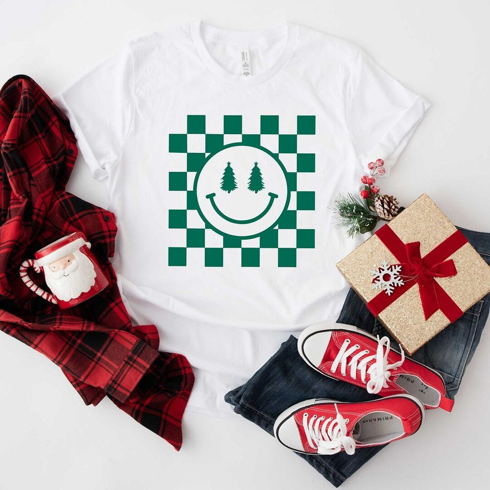 Checkered Christmas Smiley Short Sleeve Crewnneck Tee