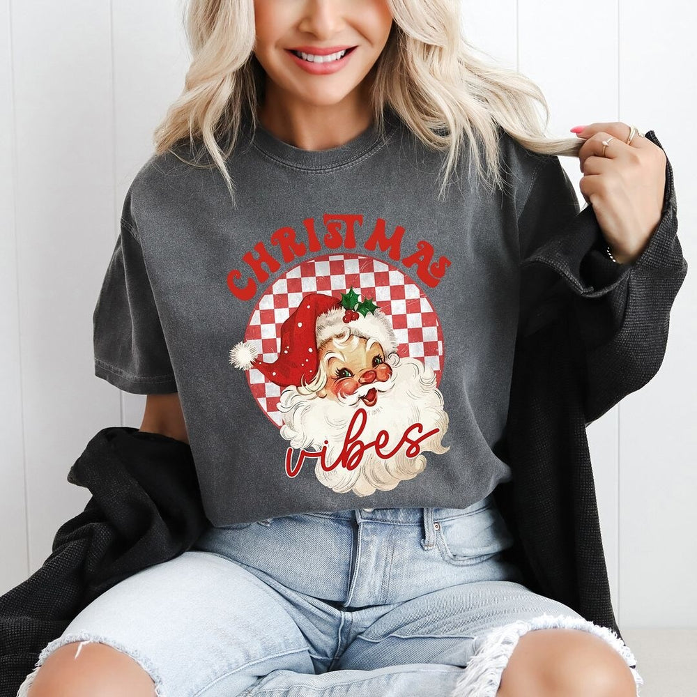 Christmas Vibes Santa Checkered Garment Dyed Tee