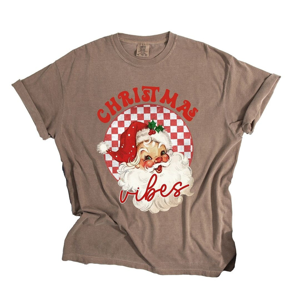 Christmas Vibes Santa Checkered Garment Dyed Tee