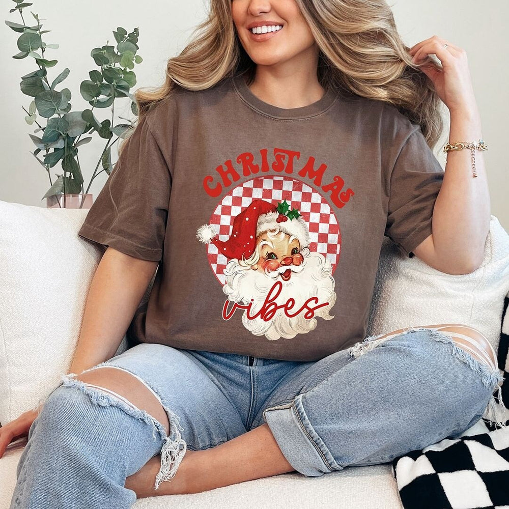 Christmas Vibes Santa Checkered Garment Dyed Tee