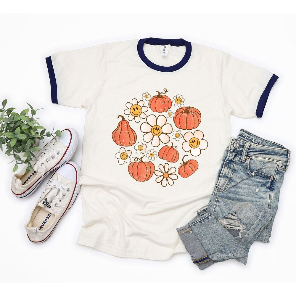 Circle Pumpkin Flowers Ringer Tee