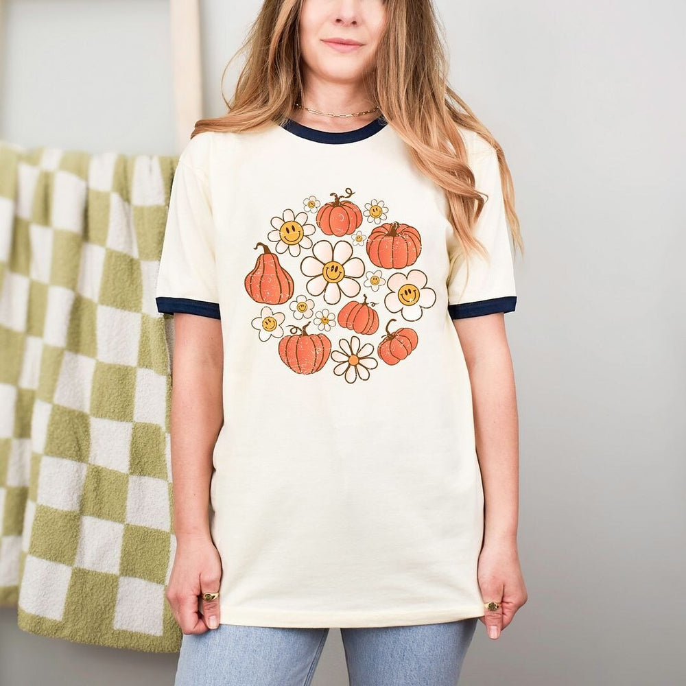 Circle Pumpkin Flowers Ringer Tee