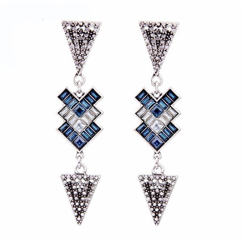 Clear Blue Crystal Geometric Drop Earrings