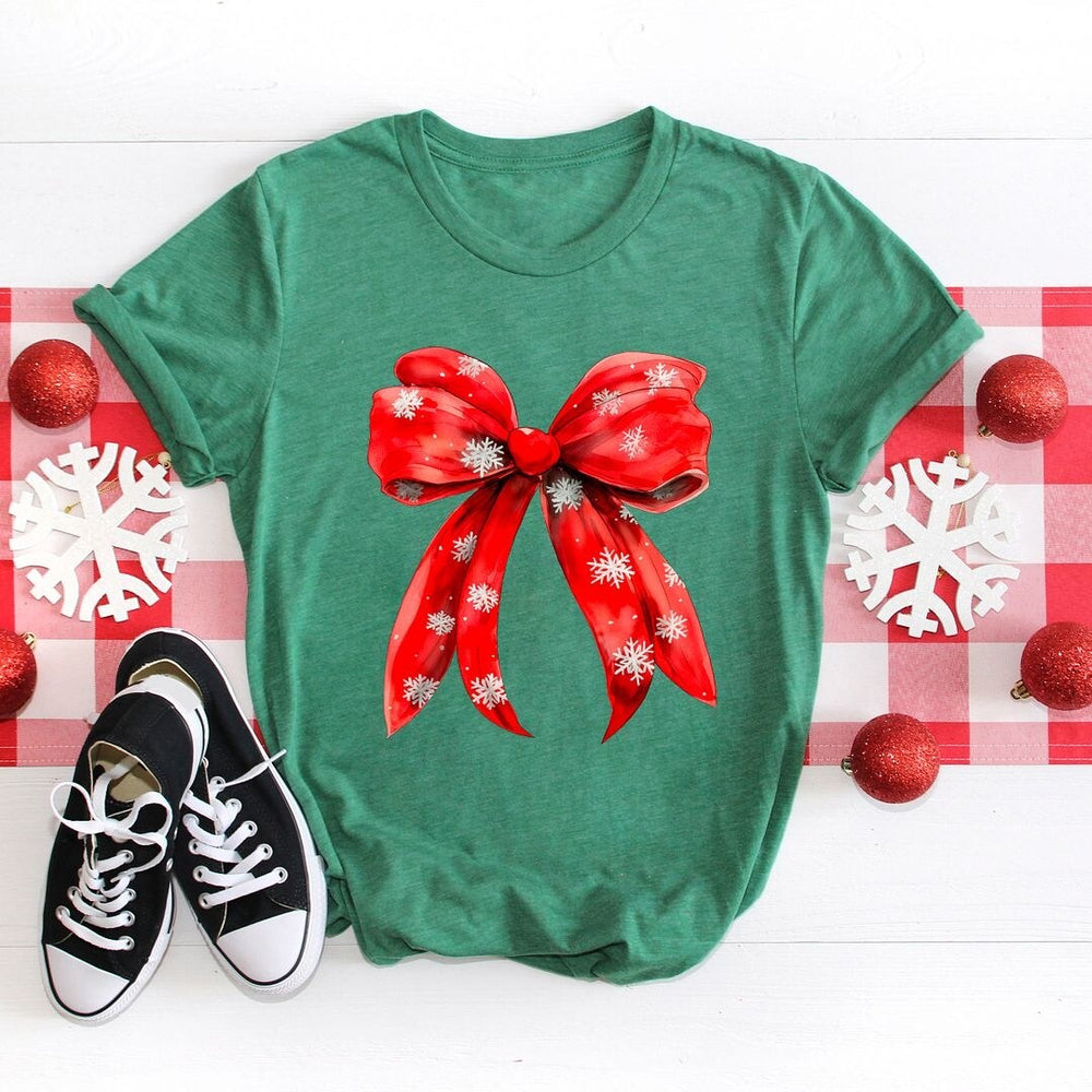 Coquette Christmas Snowflake Bow Short Sleeve Crewnneck Tee