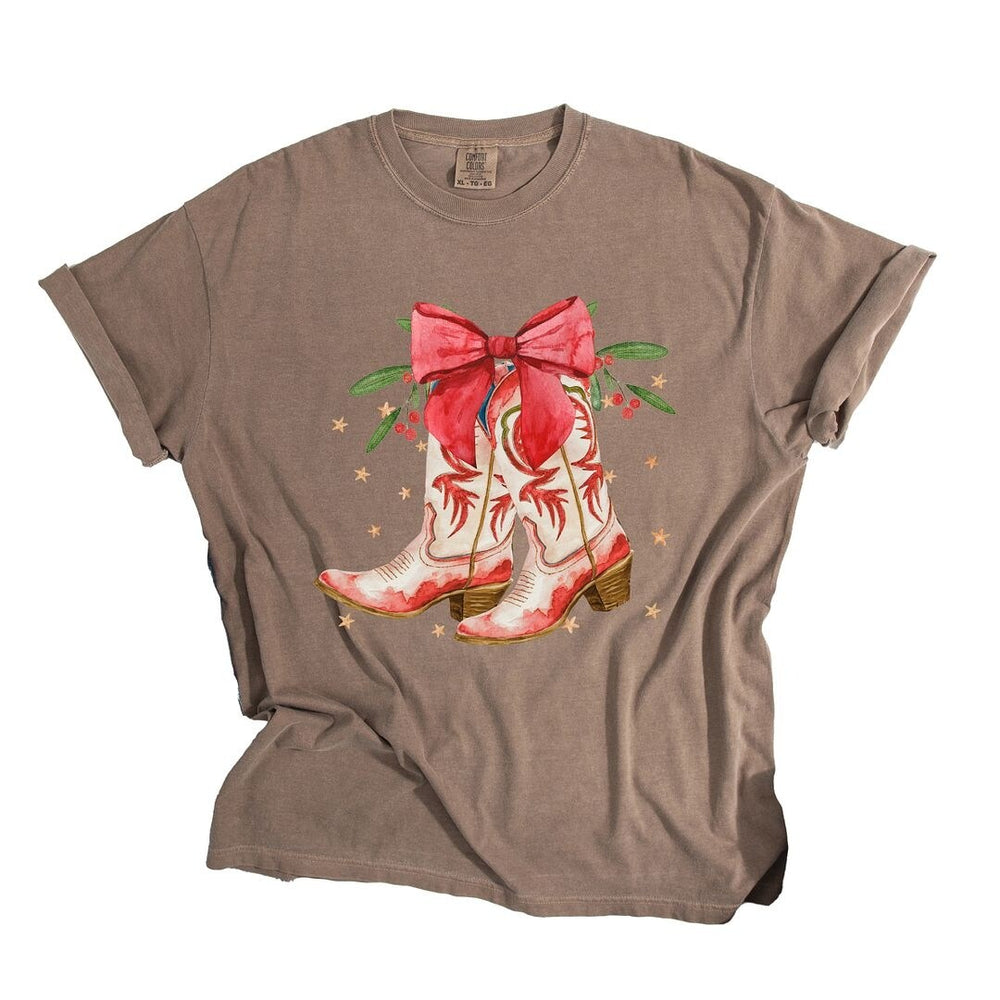 Coquette Cowgirl Christmas Boots Garment Dyed Tee