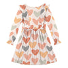 Coral Heart Print Ruffle-Accent Long-Sleeve A-line Dress