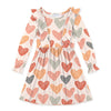 Coral Heart Print Ruffle-Accent Long-Sleeve A-line Dress