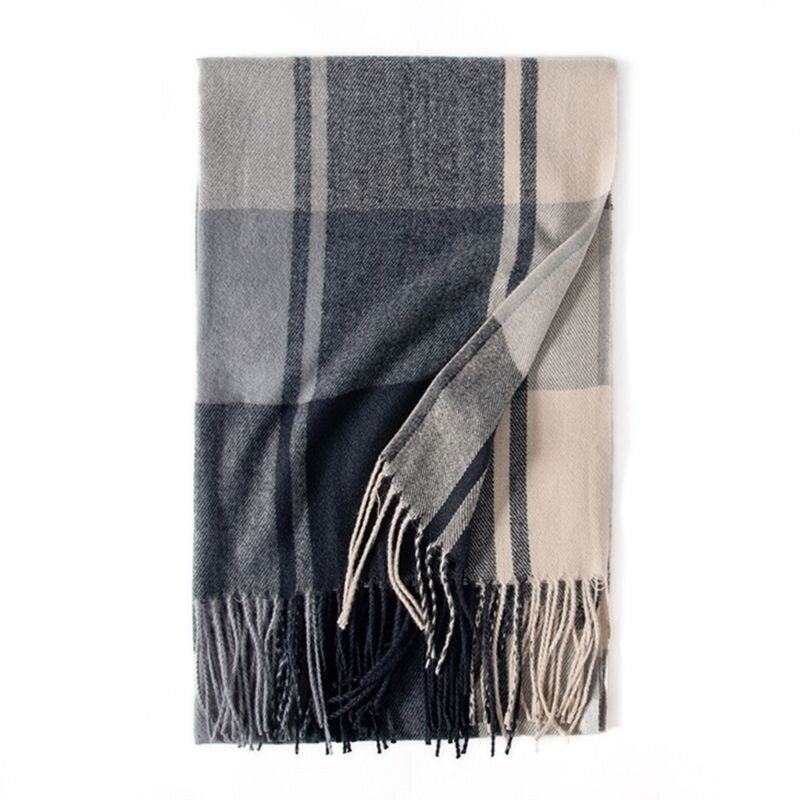 Cozy Plaid Fringe Trimmed Scarf in Black Beige