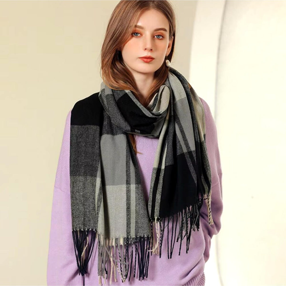 Cozy Plaid Fringe Trimmed Scarf in Black Beige