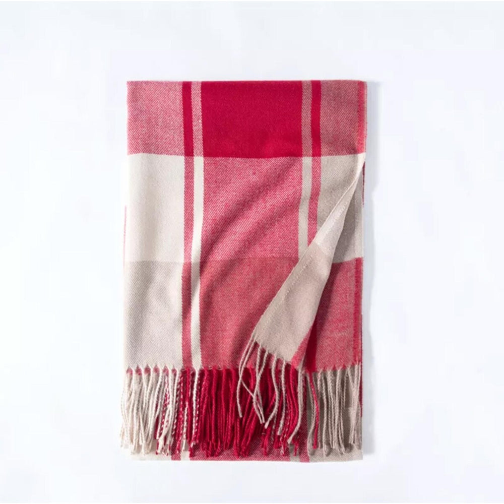 Cozy Plaid Fringe Trimmed Scarf in Red Beige