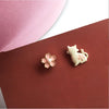 Cream Cat Pink Flower Asymmetrical Stud Earrings