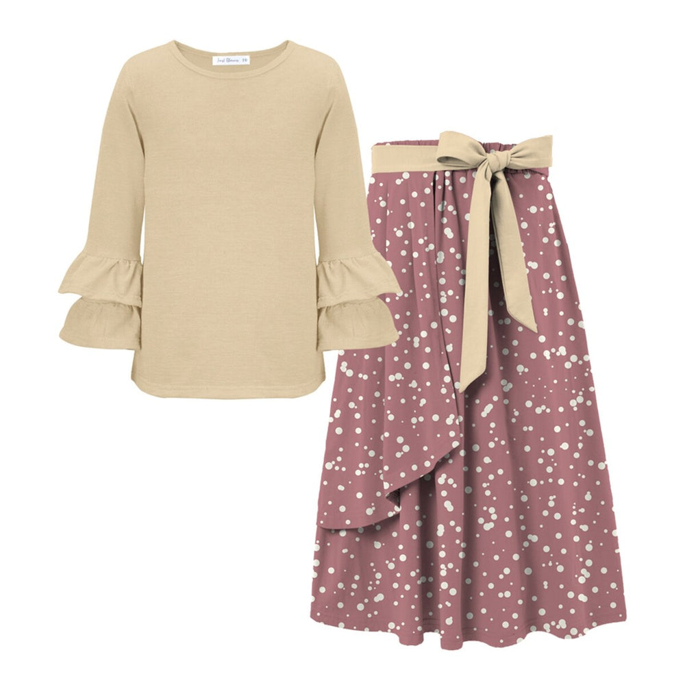 Cream Ruffle Long-Sleeve Top & Dusty Pink Polka Dot Print Bow-Accent Maxi Skirt