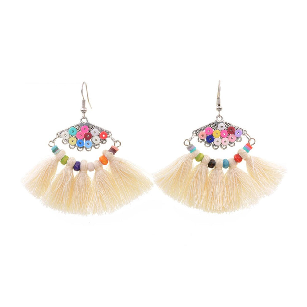 Cream Tasseled Multi Colored Drop Earrings