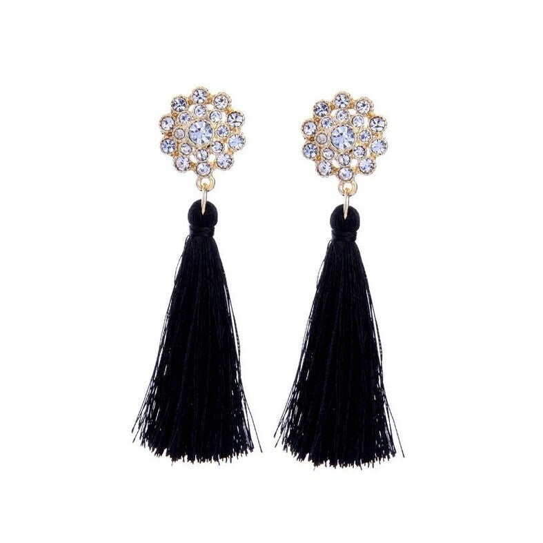 Crystal Flower Black Tassel Drop Earrings