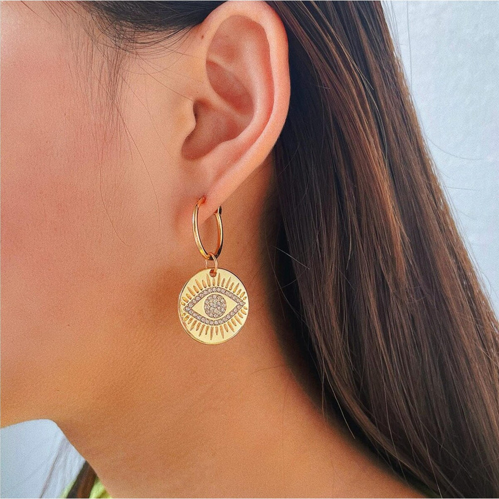 Crystal Gold Eyes Hoop Drop Earrings