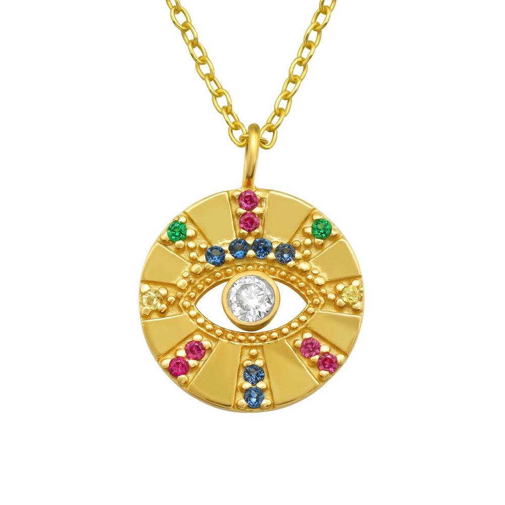 Cubic Zirconia & Goldtone Circular Evil Eye Pendant Necklace - White