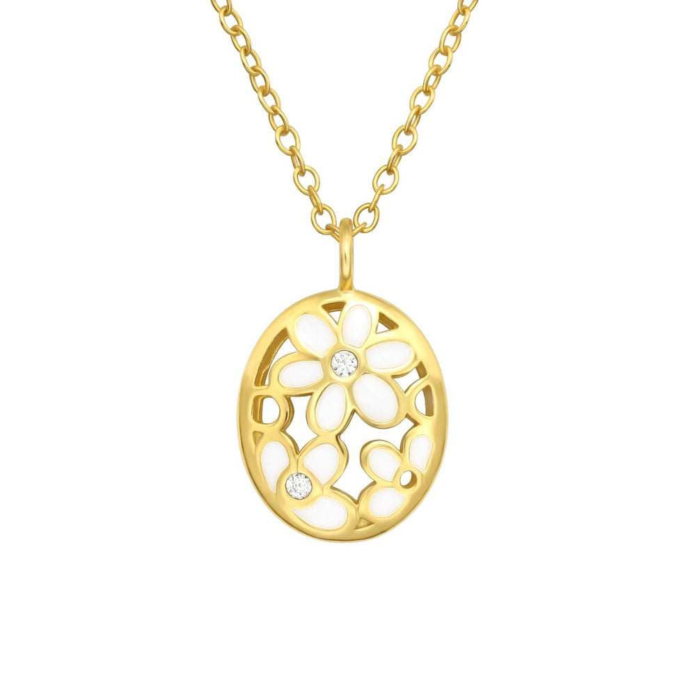 Cubic Zirconia & Goldtone Floral Oval Pendant Necklace - White