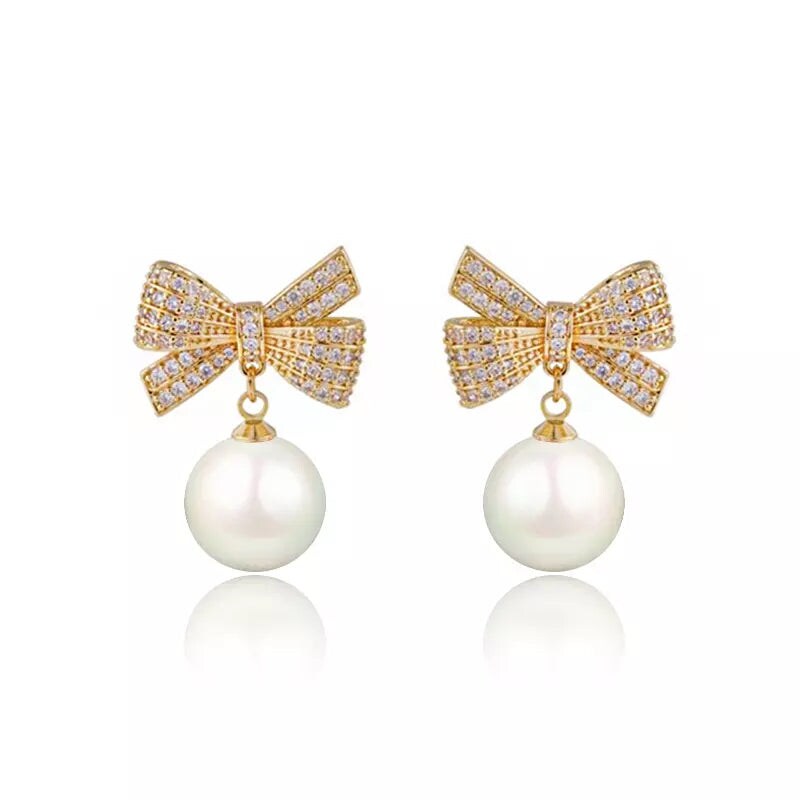 Cubic Zirconia & Imitation Pearl Bow Drop Earrings White