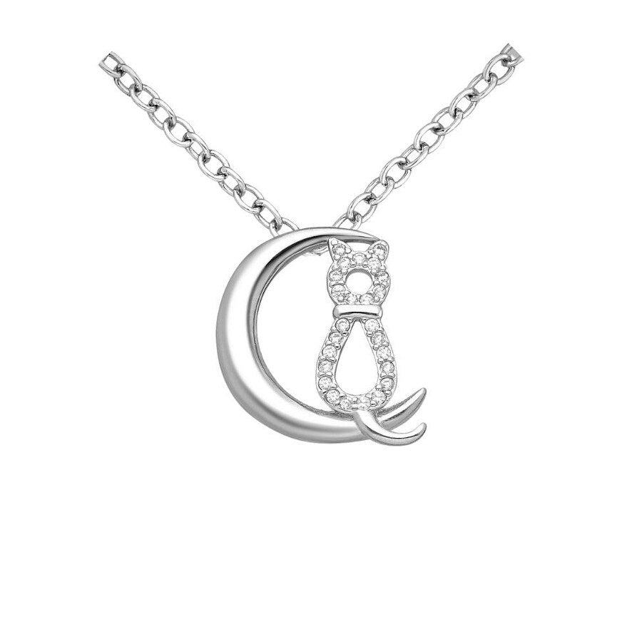 Cubic Zirconia & Sterling Silver Cat Crescent Moon Pendant Necklace - White