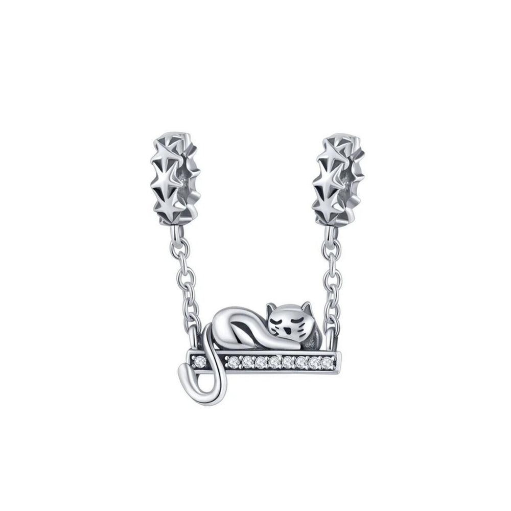 Cubic Zirconia & Sterling Silver Cat On A Ledge Charm