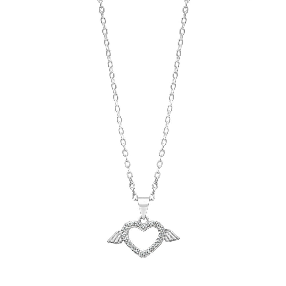 Cubic Zirconia & Sterling Silver Heart & Wing Pendant Necklace - White