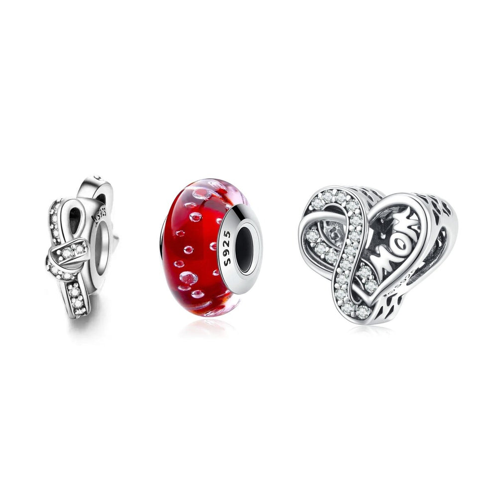 Cubic Zirconia & Sterling Silver "Mom" Heart Charm - Set of Three