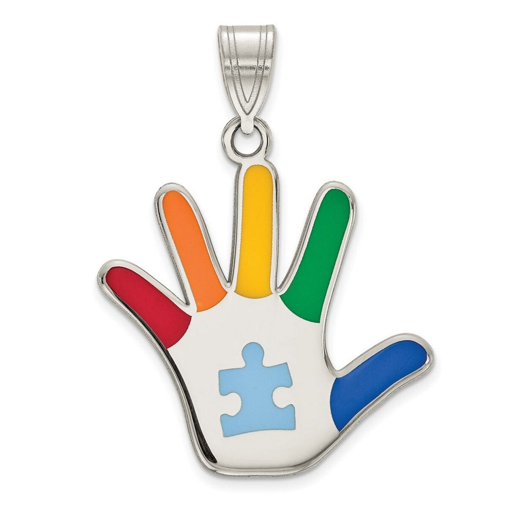 Curata 20mm 925 Sterling Silver 18" 20x30mm Enamel Autism Puzzle Piece Handprint Pendant Necklace