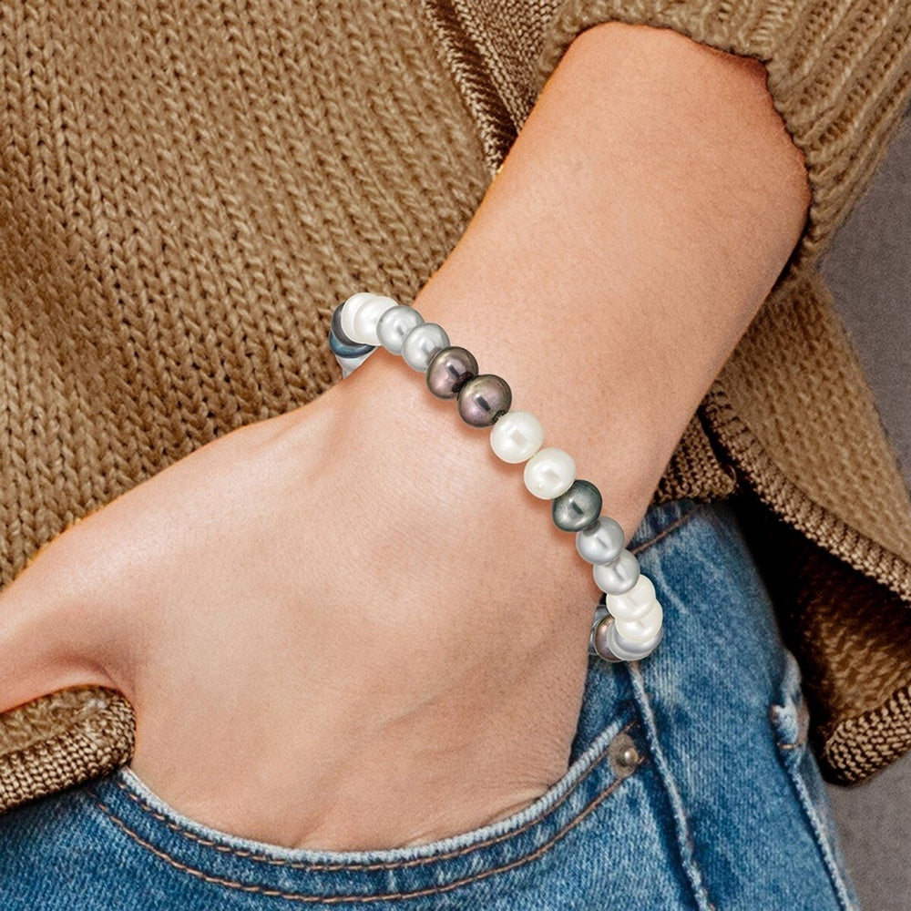 Curata 6-7mm Black Silver White Cultured Pearl Stretch Bracelet